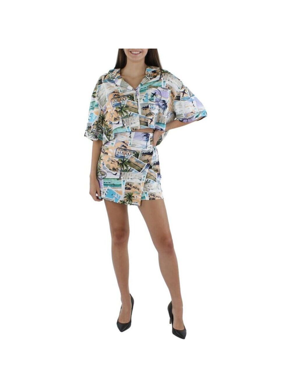 New Royalty By Maluma  Women's Printed Button-Down Cropped Top Size XL‎